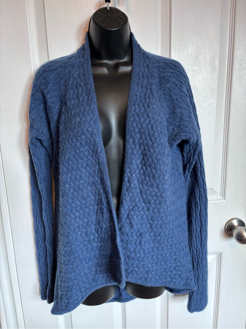 Forte Cashmere Wool Knit Open Front Draped Cardigan Sweater Blue L